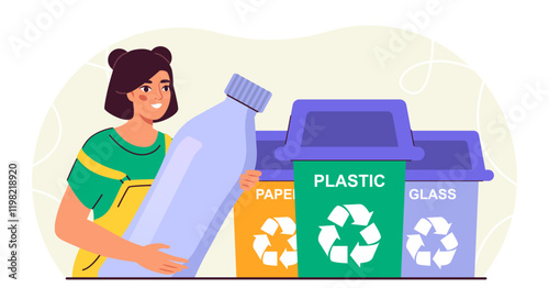 Woman recycling plastic bottle. Young girl near containers for plastic, glass and paper. Care about ecology and nature, environment. Zero waste and sustainable lifestyle. Flat vector illustration