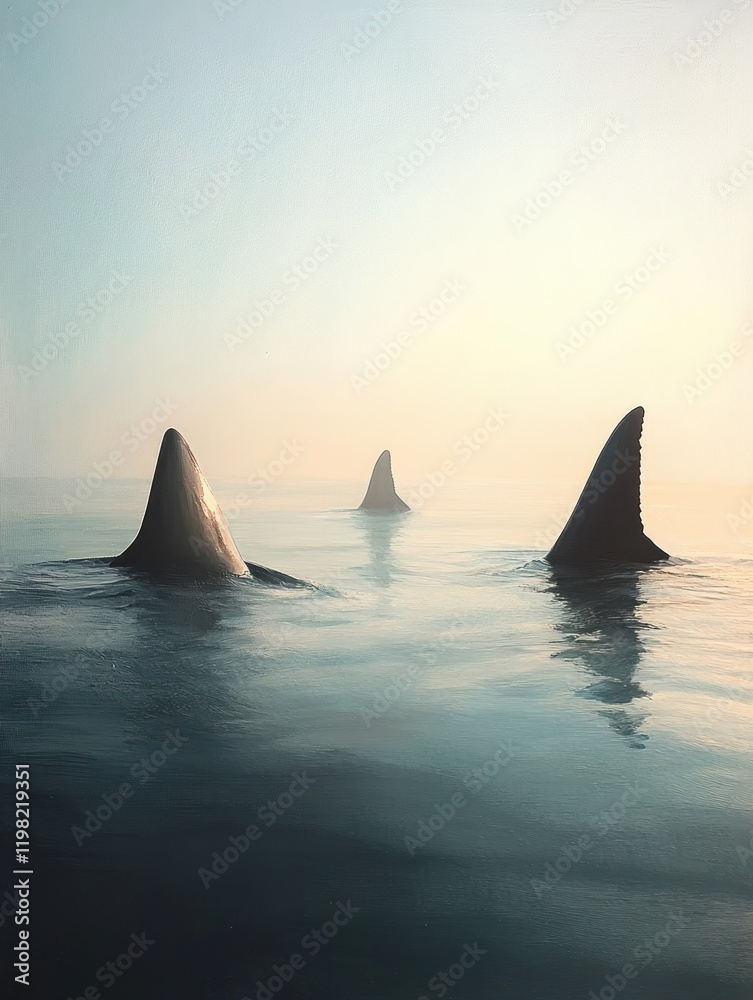 Fototapeta premium Shark Fins in Calm Ocean Waters with Hazy Horizon