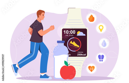 Running man with smartwatch. Young guy near smart watches. Active lifestyle and sports. Step, distance and heart rate counter. Modern gadget and device. Flat vector illustration