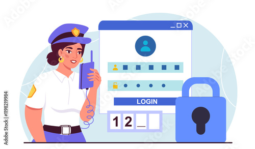 Website security concept. Woman in security guards uniform with walkie talkie near site. Login and password. Protecting personal data. Authorization and identity verification. Flat vector illustration