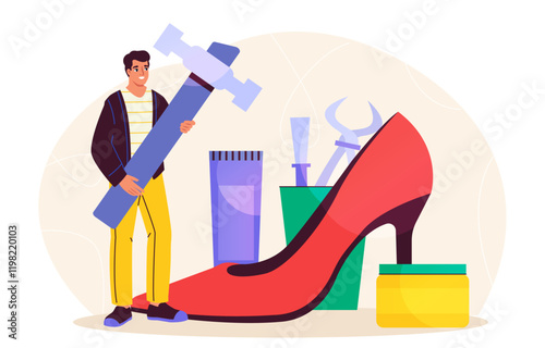 Man shoemaker concept. Young guy with hammer near huge red shoe. Repair of clothes and shoes. Craftsman with footwear. Beauty, aesthetics and elegance. Flat vector illustration