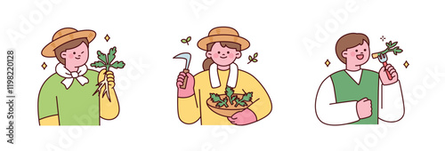 People are harvesting seasonal spring vegetables. Pick spring greens.