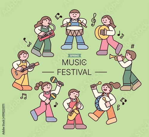 Small, cute characters are playing musical instruments and putting on a fun show.