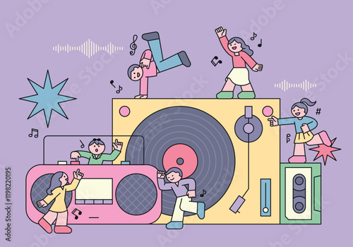 Small, cute kids are having a party, dancing on giant radios and turntables.