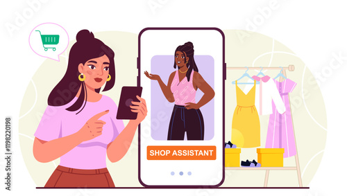 Online shop assistant. Woman with smartphone communicates with fashion consultant. Cashless transfers and transactions. Marketing and advertising, promotion. Flat vector illustration