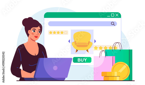 Online furniture shopping. Woman with laptop buys yellow chair on Internet. Cashless transfers and transactions. Girl buys interior elements. Home delivery. Flat vector illustration