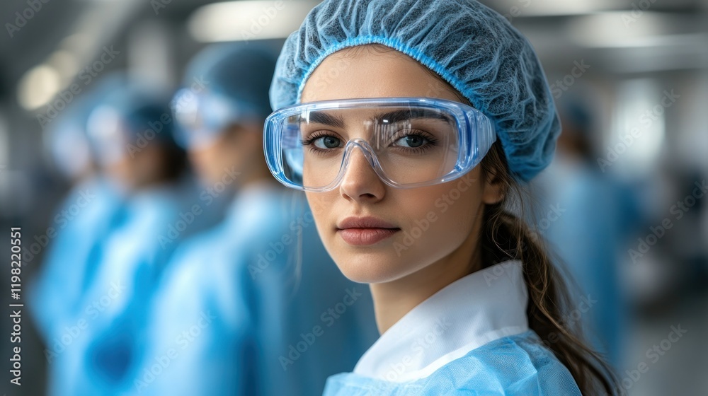 Confident female scientist in factory, team blurred Confident female scientist in factory, team blurred