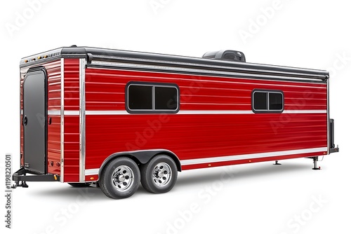 Red cargo trailer with black door, two windows, and AC unit on top. photo