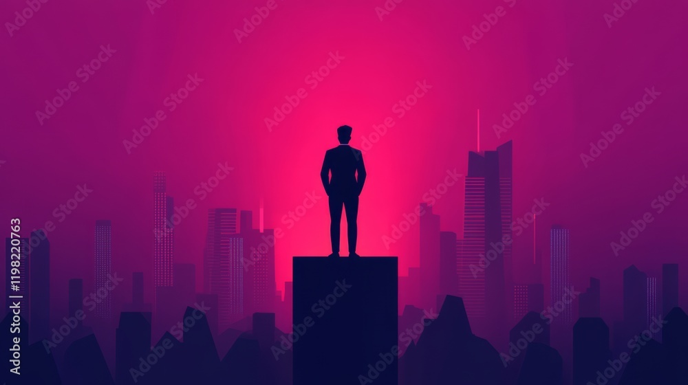 Silhouetted Businessman Standing on Edge Overlooking Futuristic Cityscape at Dusk with Vibrant Pink and Purple Hues, Symbolizing Ambition and Determination Silhouetted Businessman Standing on Edge Overlooking Futuristic Cityscape at Dusk with Vibrant Pink and Purple Hues, Symbolizing Ambition and Determination
