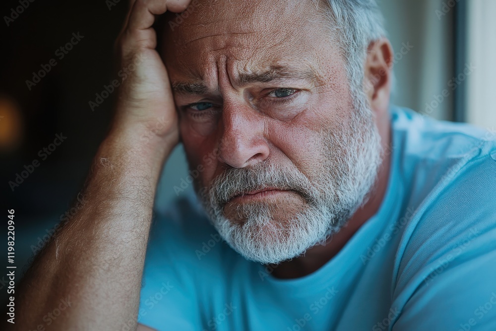 Obraz premium A mature man with a pensive expression reflects on life, illustrating the nuances of human emotions and the struggles many face during challenging times.