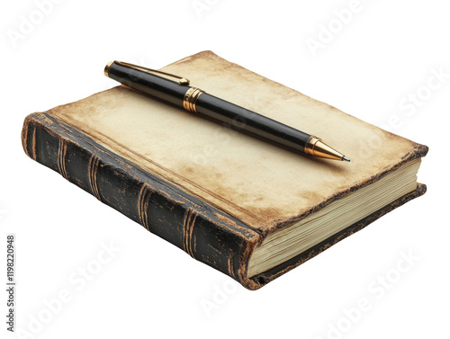 Vintage Ledger Book with Pen on Transparent Background