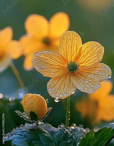 Morning Dew on Yellow Flowers with Soft Green Background : Generative AI photo