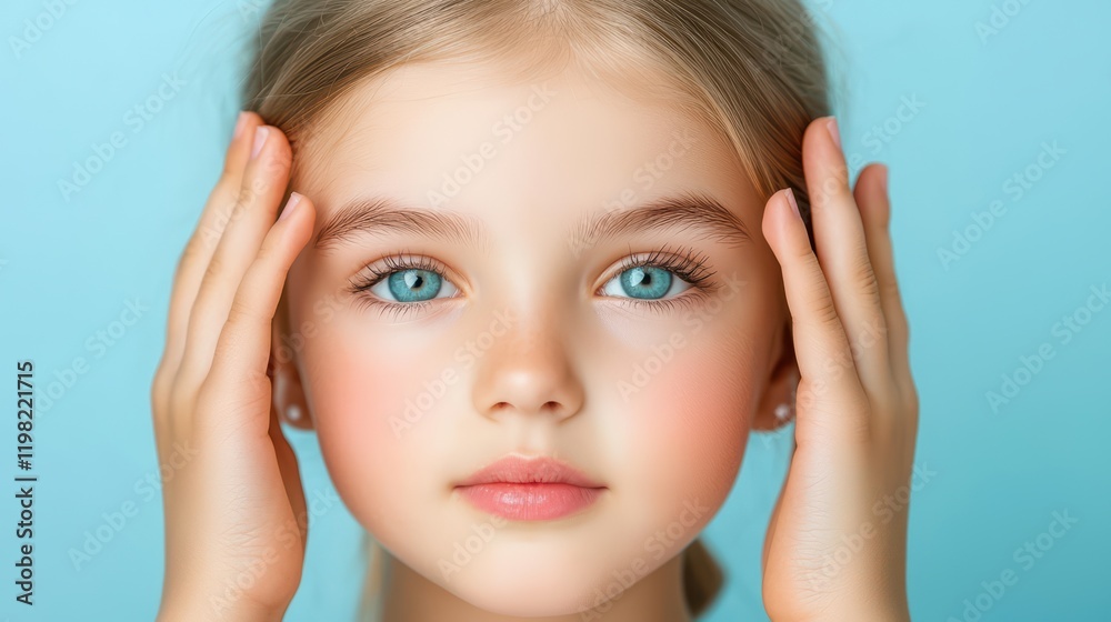 Young Girl with Blue Eyes Touching Her Face Against Blue Background Young Girl with Blue Eyes Touching Her Face Against Blue Background