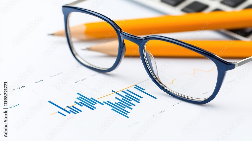 Glasses on Chart with Calculator and Pencils for Data Analysis Glasses on Chart with Calculator and Pencils for Data Analysis