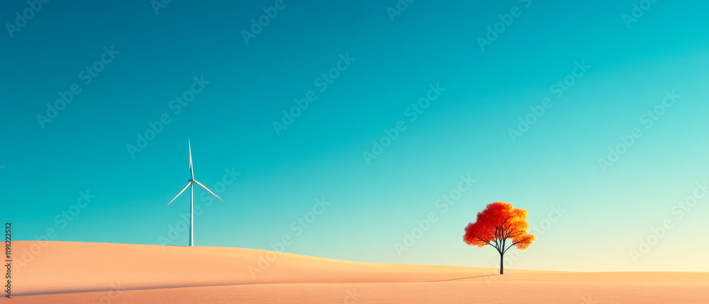 Fototapeta premium A serene landscape featuring a lone orange tree and a wind turbine under a clear blue sky, symbolizing nature and renewable energy.
