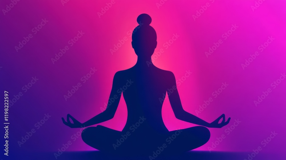 Silhouette of a Serene Meditating Figure Against a Vibrant Pink and Purple Gradient Background, Promoting Peace and Tranquility in Mindfulness and Relaxation Silhouette of a Serene Meditating Figure Against a Vibrant Pink and Purple Gradient Background, Promoting Peace and Tranquility in Mindfulness and Relaxation