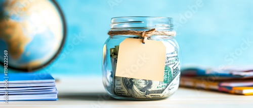 A glass jar filled with cash sits on a table beside a globe, symbolizing savings and global travel aspirations. photo