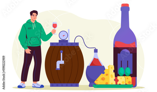 Wine production concept. Man near barrel with alcoholic drink. Wine and cheese. Alcoholic drinks and beverages. Winemaking and viticulture, grapevine. Flat vector illustration