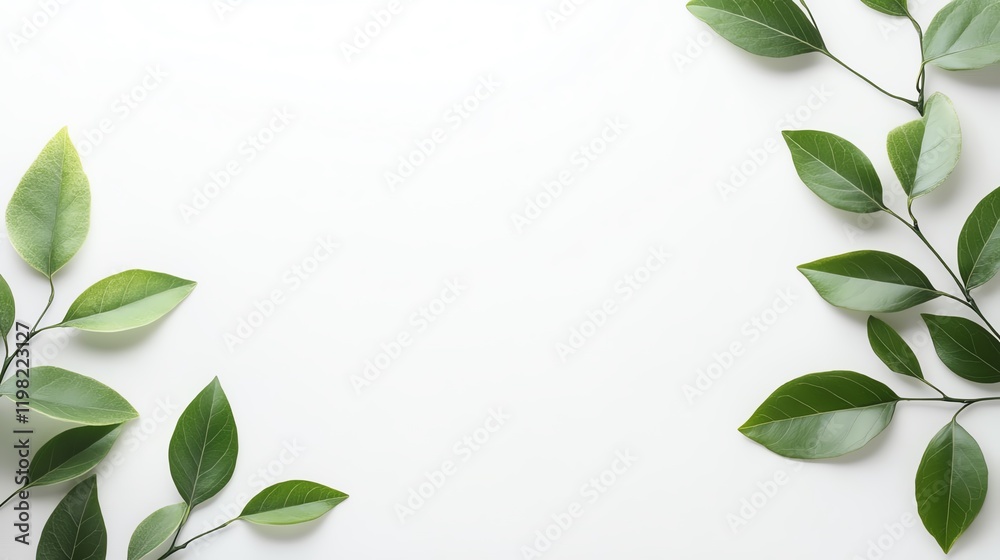A serene layout featuring lush green leaves on a clean white background, ideal for nature and wellness themes. A serene layout featuring lush green leaves on a clean white background, ideal for nature and wellness themes.