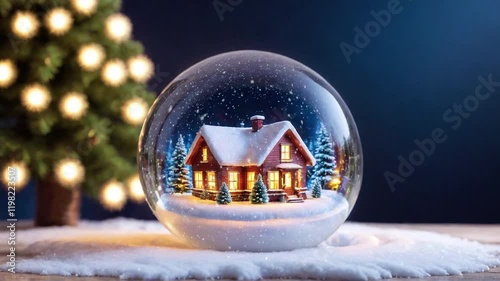 Animated christmas snow globe with a tree and house inside