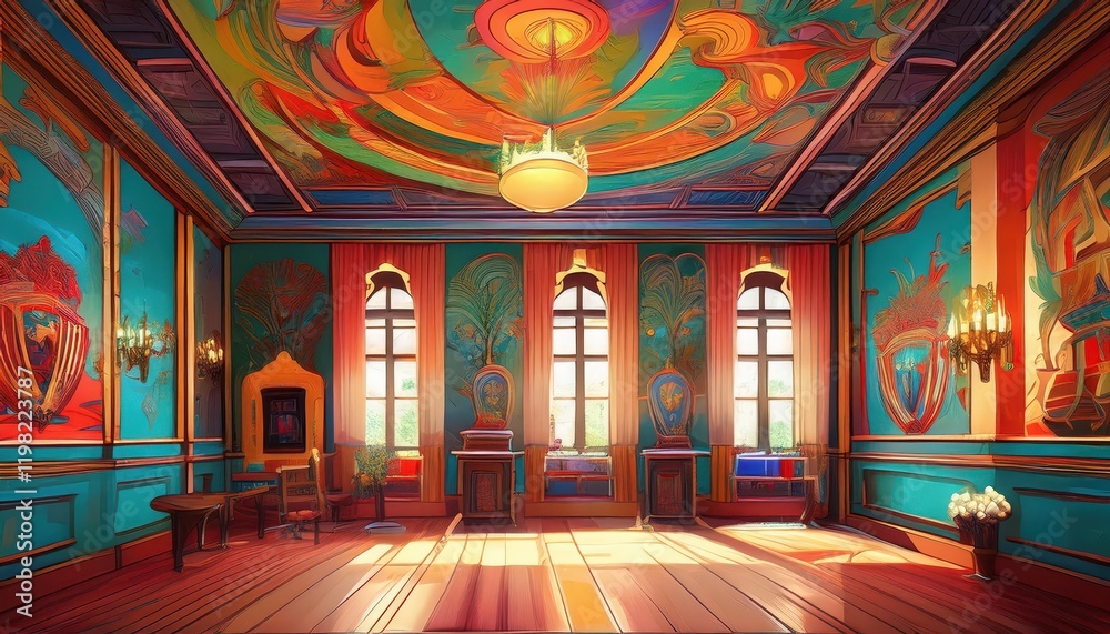 Obraz premium Striking Interior Showcasing an Intricately Painted Vaulted Ceiling, Filled with Rich Colors and Detailed Patterns in a Timeless Setting.