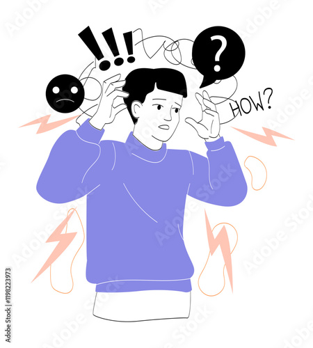 Anxiety boy concept. Mental and psychological problems. Stress and emotional burnout. Young guy in depression and frustration. Exhausted teenager. Linear vector illustration