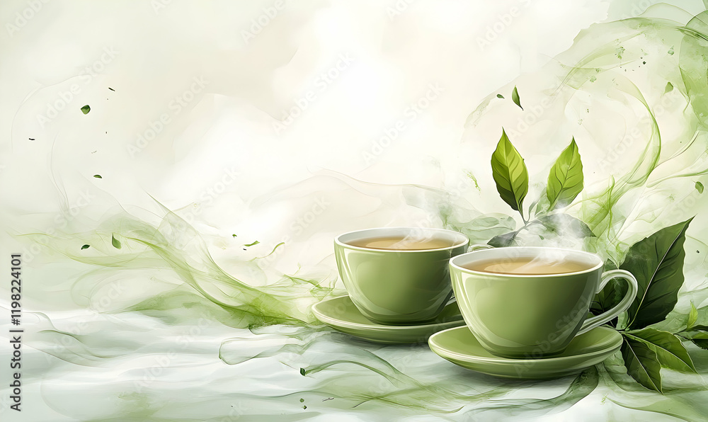 Two teacups, steaming, green leaves, swirls, ad Two teacups, steaming, green leaves, swirls, ad