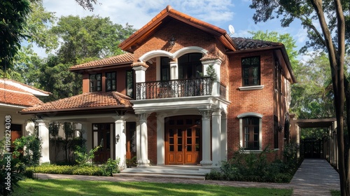 Elegant brick house in a garden setting.  Possible use stock photo photo