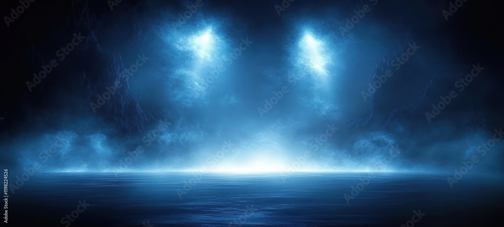 Mystical Foggy Landscape with Dramatic Blue Lighting Ethereal Glow and Vanishing Horizon Mystical Foggy Landscape with Dramatic Blue Lighting Ethereal Glow and Vanishing Horizon