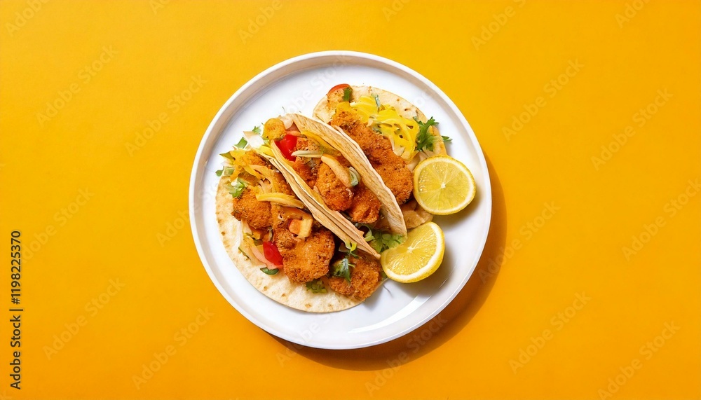 fish taco food and lemon slices on white plate, isolated yellow background, copy space fish taco food and lemon slices on white plate, isolated yellow background, copy space