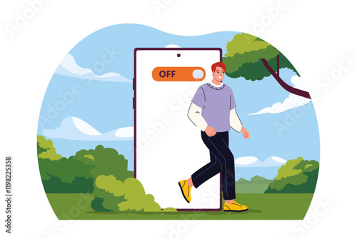 Concept of digital detox. Man near smartphone screen. Fighting addiction to instant messengers and social networks. Awareness and mindfulness. Mental health care. Flat vector illustration