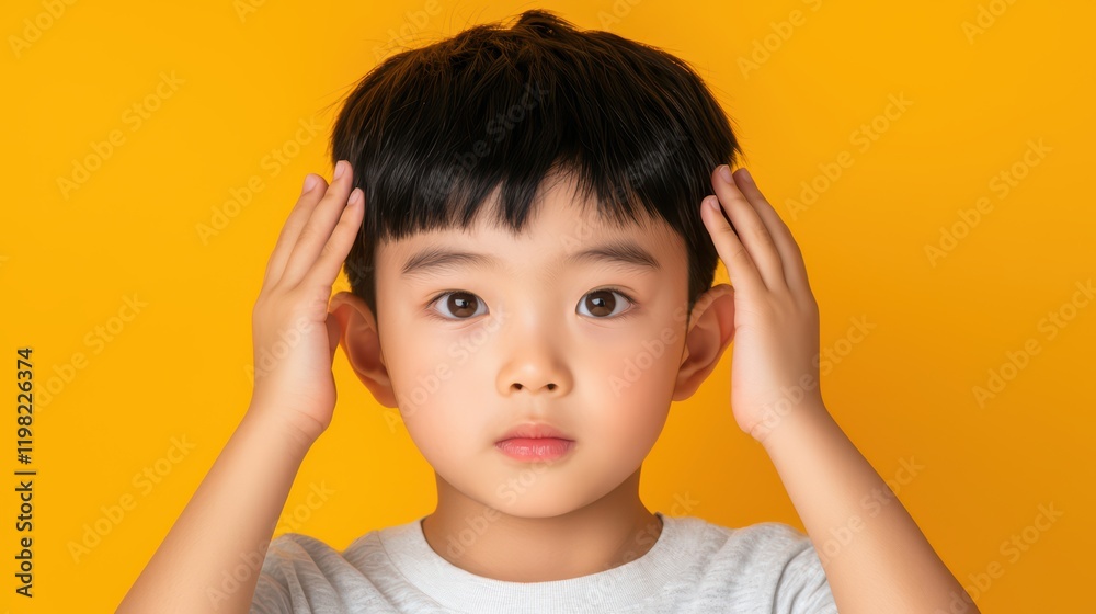 Young boy with thoughtful expression on bright yellow background Young boy with thoughtful expression on bright yellow background
