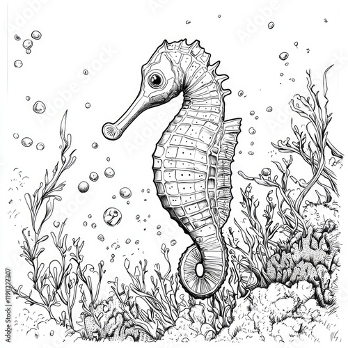 Majestic Seahorse in Underwater Realm: Black and White Ink Drawing of a Seahorse amidst Coral Reef and Seaweed photo