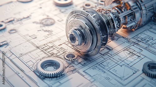 Abstract mechanical gear design with technical drawings for engineering and industrial technology presentations, rendered in 3D
