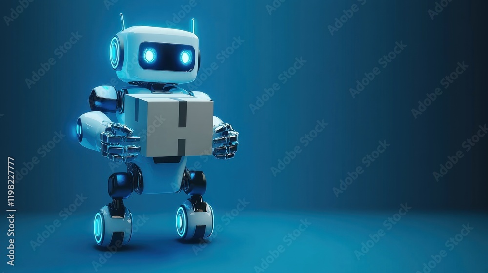 A small white robot carries a package against a blue background. A small white robot carries a package against a blue background.