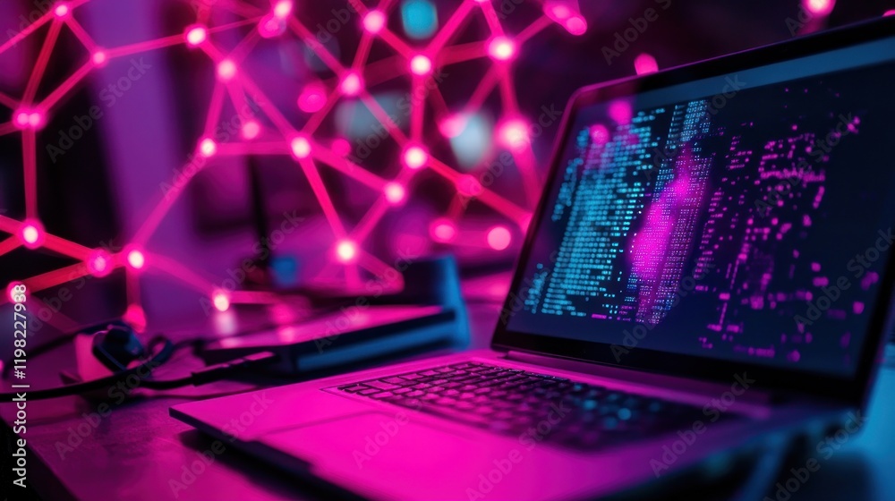 Laptop displaying code with pink network lights.