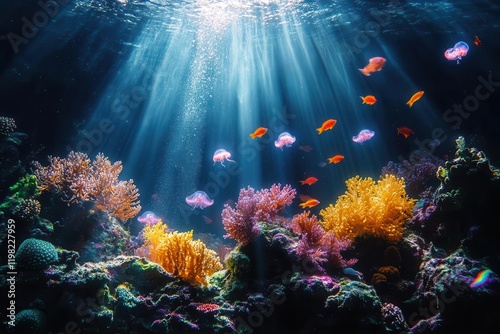 bioluminescent coral garden with translucent jellyfish, ethereal blue lighting, schools of neon fish weaving through ancient coral formations, rays of light piercing through crystal clear water photo