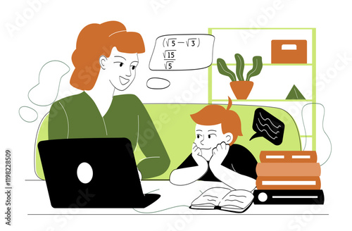 Boy listening to online lesson. Mother and son with laptop. Remote education, learning and training. Schoolboy doing homework, preparing for test or examination. Linear vector illustration