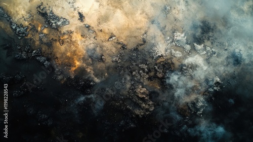 Abstract aerial view of dark, smoky, textured landscape with gold highlights.