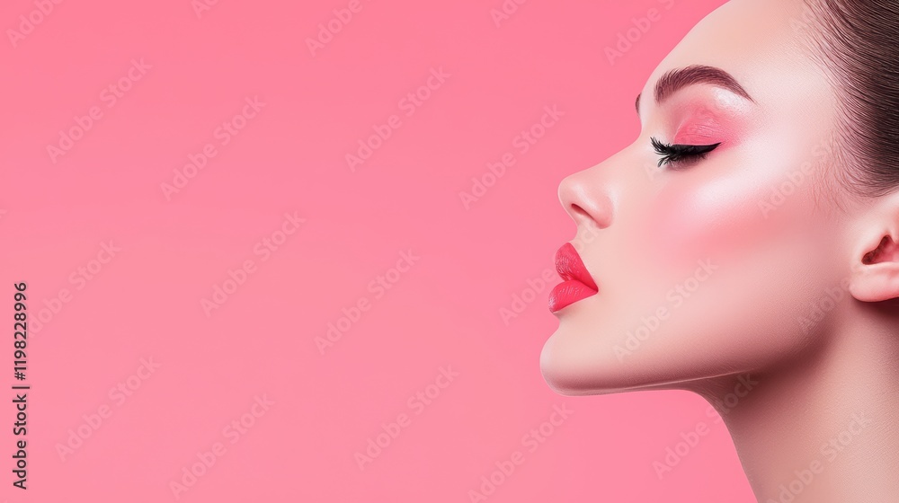 Profile of Woman with Elegant Makeup and Soft Pink Background Profile of Woman with Elegant Makeup and Soft Pink Background