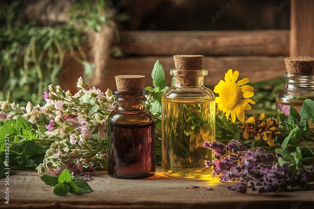 Essential oils with vibrant floral display for holistic and natural living : Generative AI Essential oils with vibrant floral display for holistic and natural living : Generative AI