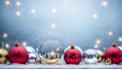 Crystal ball, snowball with snowy Christmas tree inside. Animation of christmas snowflakes falling over snow globe on blured background. 4K Video