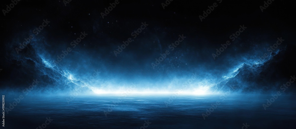 Fototapeta premium Glowing Blue Horizon Surreal Landscape with Mist and Flames