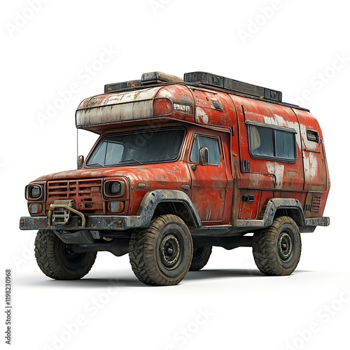 Rusty vintage campervan, off-road vehicle, isolated on white background. photo