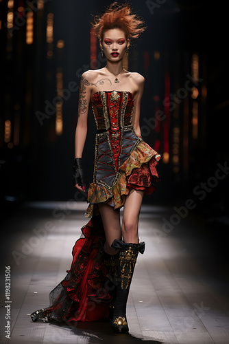 high fashion runway shows, alexander mcqueens avant-garde high fashion collection is showcased in a surreal, luxurious runway featuring unique models in dynamic poses and vibrant makeup
