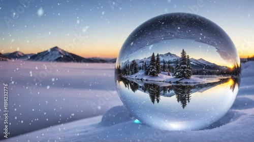 Crystal ball, snowball with snowy Christmas tree inside. Animation of christmas snowflakes falling over snow globe on blured background. 4K Video