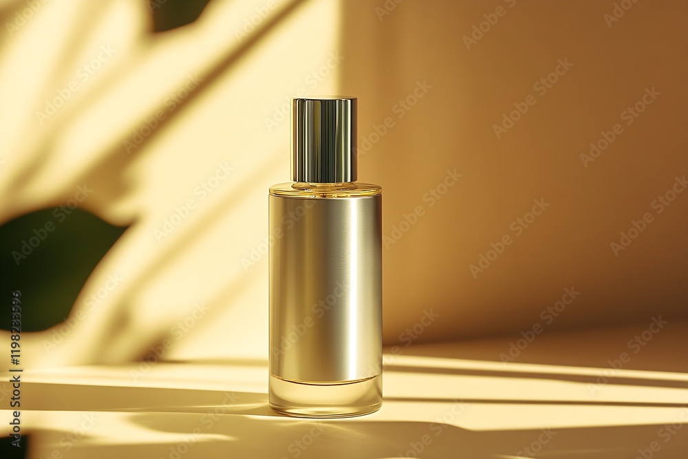 Elegant Perfume Bottle in Soft Focus with Sunlit Shadows Creating Ambience on Beige Background : Generative AI Elegant Perfume Bottle in Soft Focus with Sunlit Shadows Creating Ambience on Beige Background : Generative AI
