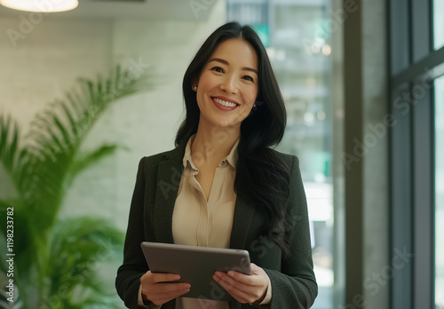 Portrait of Beautiful professional Female entrepreneur Boss or employee holding a tablet with a well lit bright office background. Smiling and happy executive corporate businesswoman photo