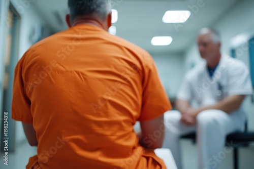 The image features a man in an orange prison uniform, seen from behind, as he interacts with a healthcare professional, indicating a pivotal moment in rehabilitation and care.
