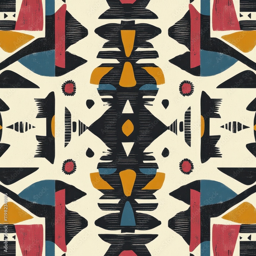 Geometric Abstract Pattern: A captivating abstract pattern with vibrant geometric shapes in shades of red, yellow, blue, and black. The pattern is seamless and repeats to create an endless design. Geometric Abstract Pattern: A captivating abstract pattern with vibrant geometric shapes in shades of red, yellow, blue, and black. The pattern is seamless and repeats to create an endless design.
